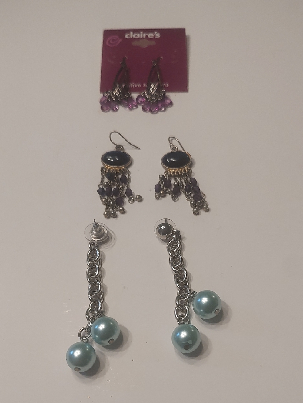 Silver Tone Dangle Earrings Lot X3  Purple, Blue, And People
